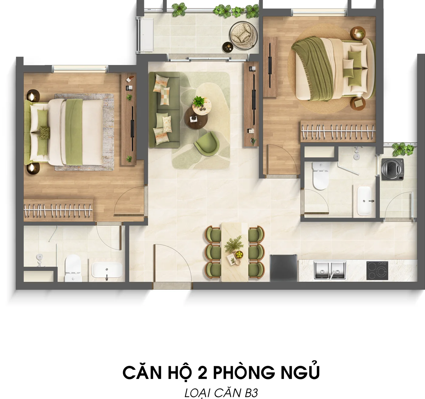 Mặt bằng căn hộ 2 phòng ngủ · B3