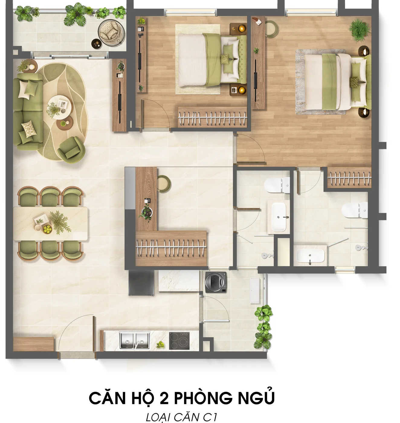 Mặt bằng căn hộ 2 phòng ngủ · C1