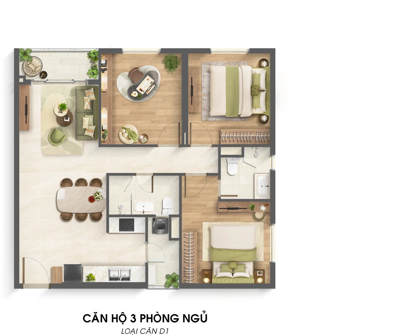 Mặt bằng căn hộ 3 phòng ngủ · D1