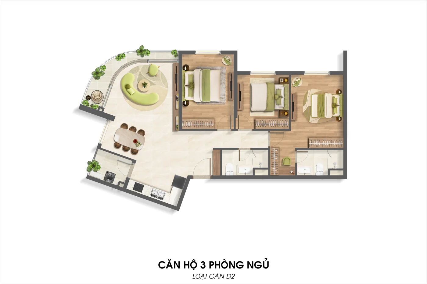 Mặt bằng căn hộ 3 phòng ngủ · D2