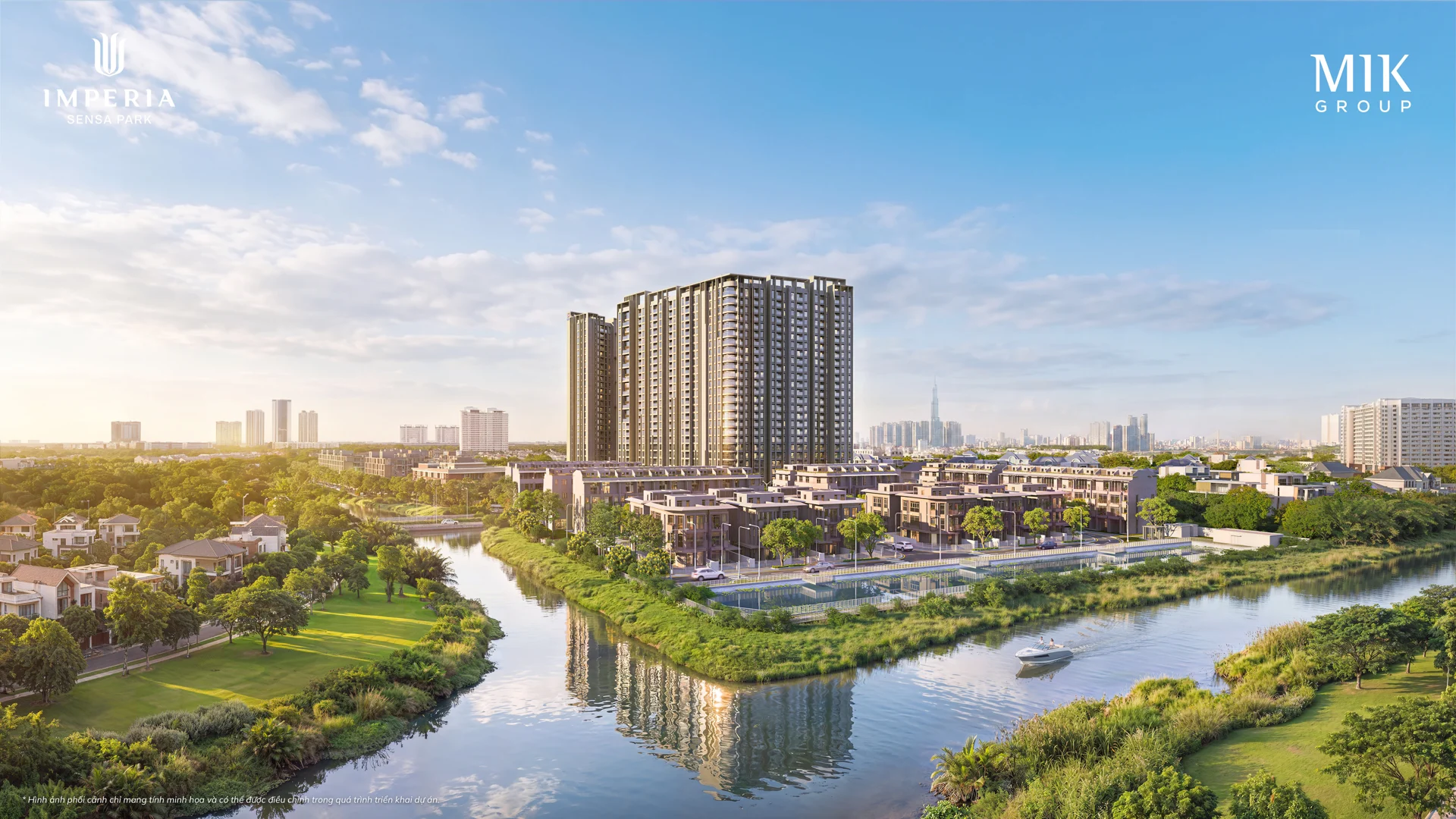Phối cảnh cảnh quan sông nước bao quanh dự án
